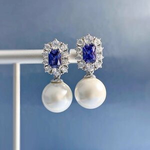  free shipping earrings ia ring party gorgeous pearl Jill navy blue silver silver S925 accessory zd392