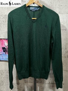 美品 ポロラルフローレン 正規 メリノウール Vネック セーター M ダークグリーン POLO RALPH LAUREN ワンポイント