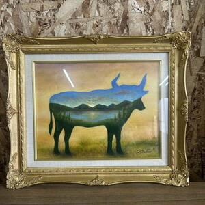 中野俊朗 作 牛の絵 額縁 油彩 油彩画 額装 絵画 油絵 インテリア 飾り F6 サイズ 