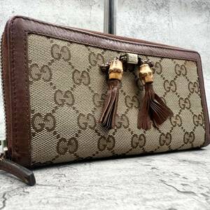 入手困難/美品●グッチ GUCCI ラウンドファスナー 長財布 バンブー GGキャンバス フリンジ 本革 レザー メンズ レディース 小銭入れ