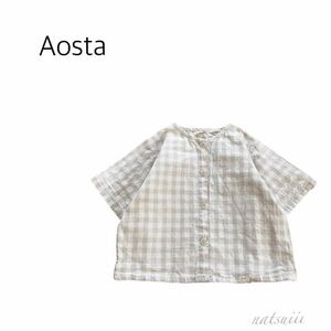 Aosta 韓国 . リネン コットン チェック ワイド シャツ ブラウス ニュアンス ベージュ 男女兼用 送料無料