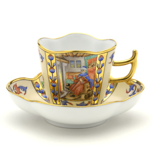 Art hand Auction Herend Coffee Cup (Oval) & Saucer Flemish Calendar Coffee Cup and Saucer Hand-painted Western Tableware Signed by Master Painter Brand New Herend, Tea utensils, Cup and saucer, Coffee cup