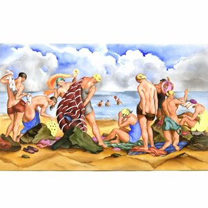 Art hand Auction Sevres, extremely rare, one-of-a-kind, hand-painted porcelain tile painting, Bathing in the Sea, Tile Tabula Blue, Paul Vera, made in France, brand new, Artwork, Painting, others