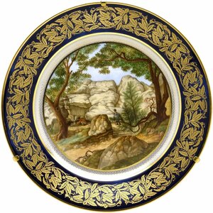 Art hand Auction Sevres decorative plate, Weeping Rock of Fontainebleau, Sevres blue cloud pattern, 24K gold border decoration, Chestnut tree in the forest, 1994 reproduction, made in France, new, Sevres, Artwork, Painting, others