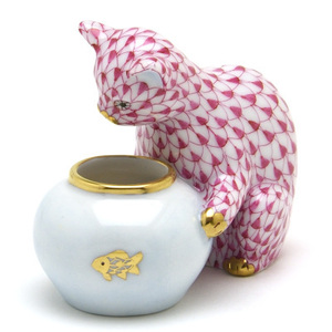 ヘレンド 猫と金魚鉢 飾り物 ピンクの鱗模様 キャット 磁器製 ハンガリー製 Herend