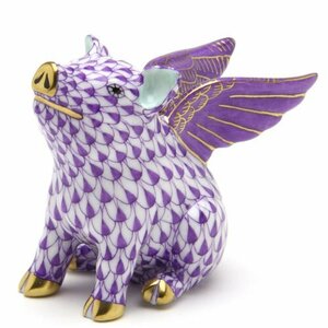 ヘレンド 豚が飛ぶ時 ビューヘレンド 紫色の鱗模様 金彩仕上げ フィギュリン ピッグ 手描き ブタ 置物 飾り物 ハンガリー製 新品 Herend