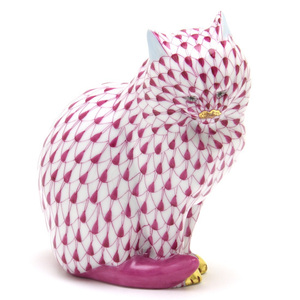 ヘレンド 座っている猫 ビューヘレンド ピンクの鱗模様 金彩仕上げ フィギュリン 手描き キャット 置物 飾り物 ハンガリー製 新品 Herend
