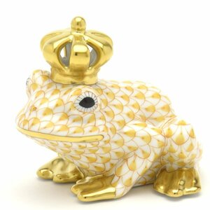 ヘレンド 透かし彫りの王冠を戴く蛙の王様 ビューヘレンド 黄色の鱗模様 金彩仕上げ 手描き カエル 置物 飾り物 ハンガリー製 新品 Herend