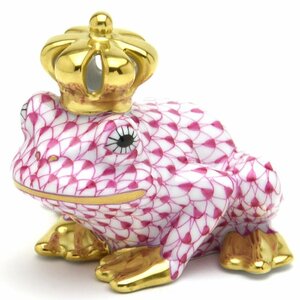 ヘレンド 透かし彫りの王冠を戴く蛙の王様 ビューヘレンド ピンクの鱗模様 金彩仕上げ 手描き カエル 置物 飾り物 ハンガリー 新品 Herend