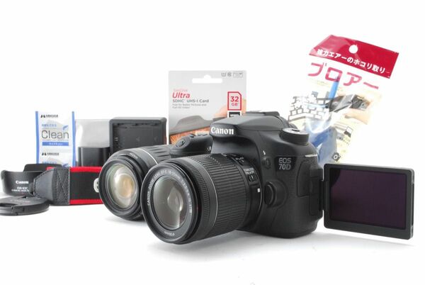 美品 Canon キヤノン Eos 70D ダブルズームレンズセット SD(32GB)カード、おまけ付 ★1ヶ月保証★
