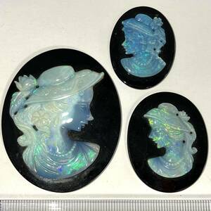 遊色効果!!［オパールカメオ3点おまとめ］M 35g 175ct ルース 裸石 貴婦人 opal CAMEO ジュエリー jewelry アンティーク メノウ ◎