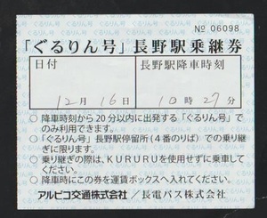 【撤退+減便】長野市ぐるりん号　乗継券　2023年　長電バス車内
