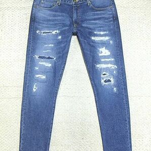 極上:JAPAN BLUE JEANS(ジャパンブルージーンズ).リペア加工 ストレッチ テーパード デニム XL(Santa Monica/チェーンステッチ/W96股下78)の画像1