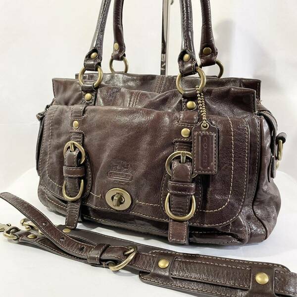 【美品】 正規品 コーチ COACH ハンドバッグ 2way ショルダー付き ターンロック 革 レザー ショルダーバッグ 茶色 ブラウン かばん 鞄