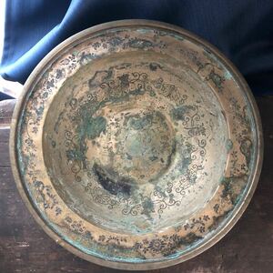 古い銅盤　水盤　人物　中国　清朝　