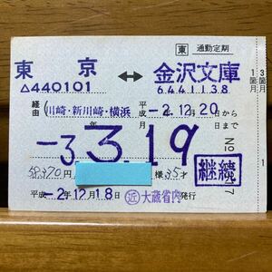 □東／J R東日本　東京-金沢文庫　川崎・新川崎・横浜経由　通勤定期券3箇月　◯近　大蔵省内　平成２年発行