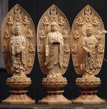 在庫わずか 仏教美術 精密彫刻 仏像 手彫り 阿弥陀如来三尊立像 高さ約43cm_画像1