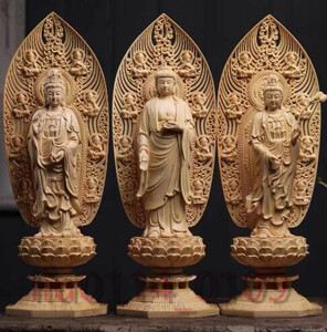 在庫わずか 仏教美術 精密彫刻 仏像 手彫り 阿弥陀如来三尊立像 高さ約43cm