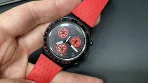 swatch swiss 腕時計 クオーツ デイデイト 赤黒文字盤 IRONY 純正ベルト かなり美品 スピード マスター