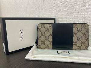 GUCCI グッチ GG柄 ラウンドファスナー 長財布 451249 PVC×レザー メンズ ベージュ×ブラック