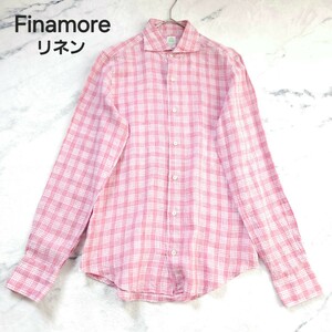 フィナモレ Finamore リネン チェック カッタウェイシャツ 長袖 M相当 イタリア製 高級シャツ 夏 極美品