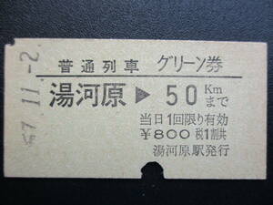 ☆　国鉄　東京地区・普通列車グリーン券（湯河原→50㎞まで）