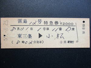 ☆　国鉄「雷鳥号」D型特急券（東三条→小松：燕発行）