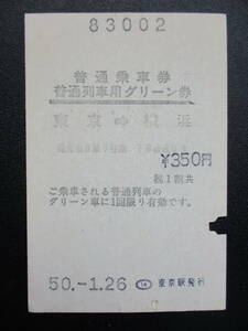 ☆　国鉄　印発発行・普通乗車券＆普通列車グリーン券（東京→横浜）