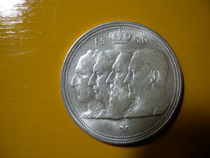 ベルギー100F４人像 1950年 中大型銀貨、国名表示BELGIQUE、重さ１８,０６ｇ、極美品。本物保証。　　　