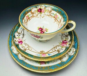  Old Noritake gold . gold paint turquoise obi Galland rose myosotis bouquet map . cabinet Trio cup saucer B03016/f240519/d240519
