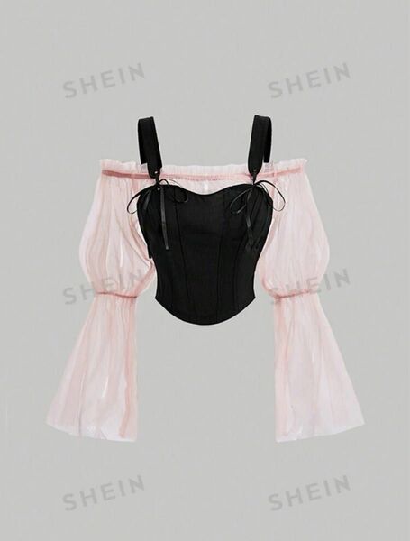 shein mod メッシュ切替フレアスリーブブラウス