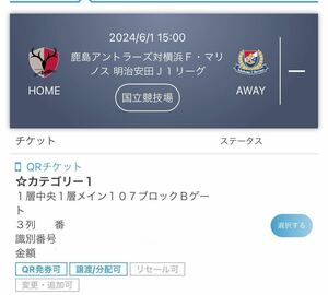 【メインスタンド中央1列目】2024/6/1(土) 国立競技場 カテゴリー1 指定席 鹿島アントラーズ 対 横浜Ｆ・マリノス　107ブロック