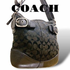 良品 COACH コーチ ショルダーバッグ シグネチャー キャンバス レザー　ブラック　黒　レディース　メンズ　斜め掛け　肩掛け