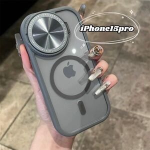iPhone15proケース グレー　ミラー付き　スマホスタンド　MagSafe対応　韓国