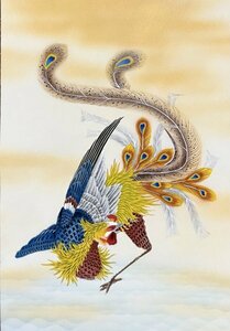 ［真作］靖風 作「鳳凰之図」絹本 鳥獣 鳥獣戯画 金泥 日本画 絵画 日本美術 掛軸 共箱 中国神話 伝説の鳥 霊鳥 鳳皇 H052040