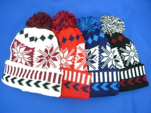 ★かわいい雪柄ジャガード編み♪ボンボン付ニット帽★カラー4色から選べる