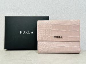 ◇FURLA フルラ クロコ風 型押し 三つ折り財布 コンパクトウォレット レザー ピンク◇