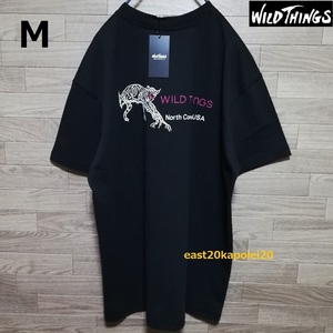 WILD THINGS North Conway USA WILD CAT ワイルドシングス ロゴ 刺繍 ワイルド キャット プリント メンズ 半袖 Tシャツ M ブラック 未使用