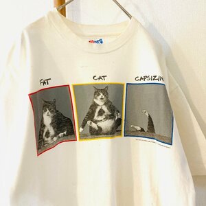 90s　Hanes　ヘインズ　BEEFY-T　MADE IN U.S.A./米国製　FAT CAT CAPSIZING　プリント Tシャツ　ホワイト/白　LARGE
