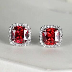  new goods AAA+ CZ ruby square earrings white gold large grain diamond diamond earrings red present ruby earrings simple free shipping 