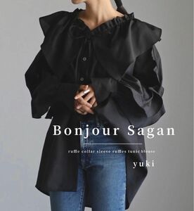 残1【新品/タグ付き】Bonjour Sagan ラッフルカラー袖フリルチュニックブラウス bk