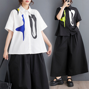 同梱1万円送料無料* 夏新品 *カジュアル*ファッション* ゆったりサイズ * 不規則な図形 *半袖シャツ 黒