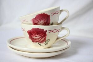 フランス アンティーク BADONVILLER 古い陶器のカップとお皿のセット バラの絵柄 C&S2客セット 美品