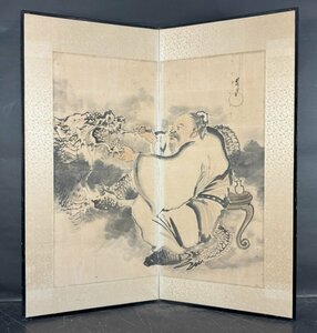 【都屋】22l　落款有 龍 賢人図 二枚折 屏風 高さ 約172.5cm 紙本肉筆 水墨画 人物図 唐人物 日本画