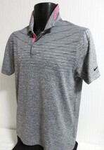 ■46半袖■男■美品ナイキGOLF Men'sポロシャツ/USED/実寸Ｍ[実物表記Ｌ] /霜降り濃グレー/襟部分メッシュ/ラバープリントロゴ_画像1