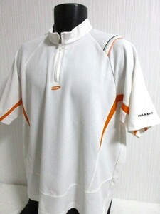 ■あ12半袖■男■パラディーゾ Men'sZIPupシャツ/USED/実寸ＬＬ～相当 [実物サイズ表記Ｌ] /生成地xオレンジ/格子地模様/刺しゅうロゴ