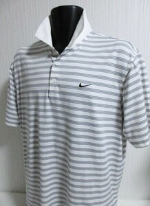 ■42半袖■男■美品ナイキGOLF Men'sポロシャツ/USED/Ｌ～ＬＬ/白x青xグレー/ボーダー/刺しゅうロゴ