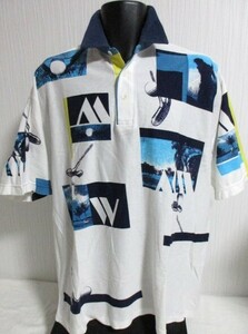 ■68半袖■男■マンシング Men'sポロシャツ/USED/ＥＬ(実寸3Ｌ相当) /白地/プリント柄