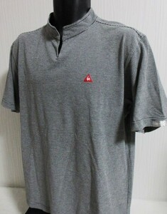 ■73半袖■男■ルコック Men'sハイネックシャツ/USED/ＬＬ/濃紺x白/ボーダー/刺しゅう・織ネームロゴ