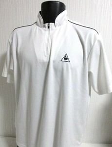 ■82半袖■男■ルコック Men'sZIPupシャツ/USED/実寸ＬＬ相当[実物サイズ表記Ｌ]/白/刺しゅうロゴ